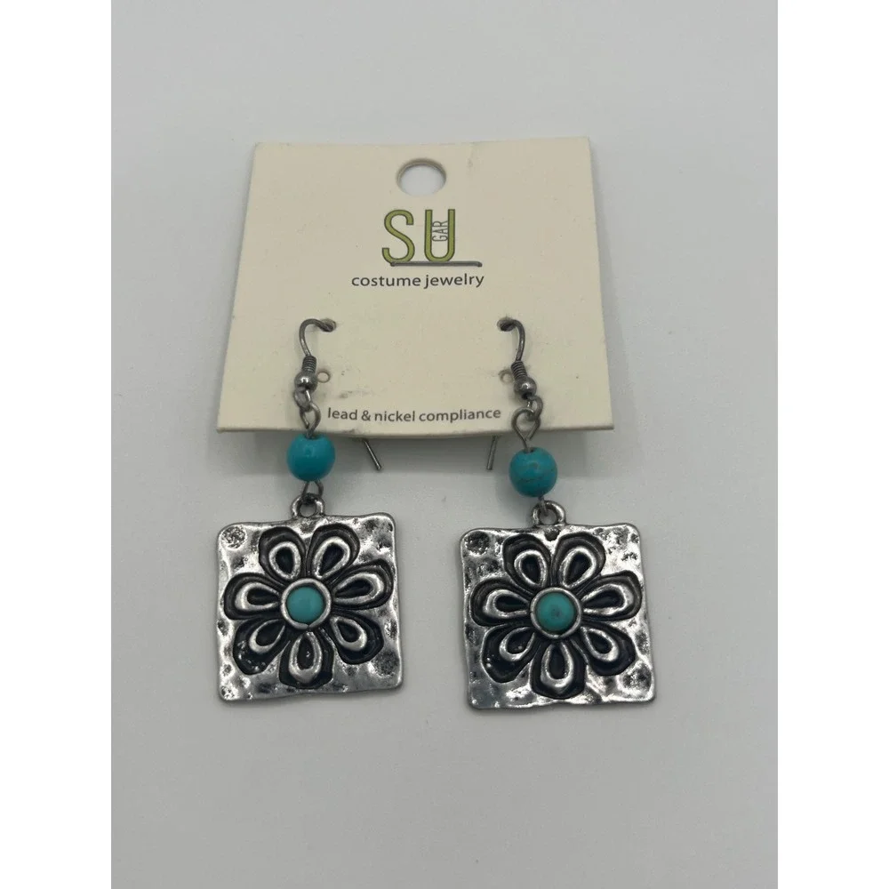 Sugar Jewelry Silver Tone Turquoise Floral Square Drop Earrings JE-0156SBTQ NWT
